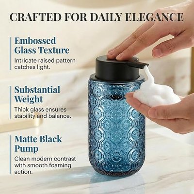 Blue Glass Foaming Hand Soap Dispenser | with Matte Black Pump Thick Embossed Bottle Refillable for Bathroom and Kitchen Decor 13.5 oz