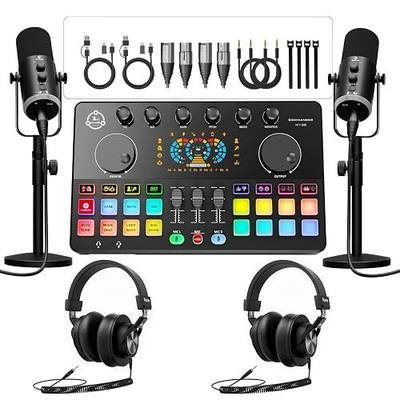 Podcast Equipment Bundle for 2, Audio Interface with 2 Dynamic XLR/USB Microphones, 2 Desktop Mic Stands and 2 Headphones, RGB, Voice Change for Vocal Recording,Podcasting,Streaming, PC Phone,TikTok