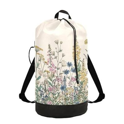 Flower Leaves Beige Laundry Bag Backpack Dirty Clothes Organizer With Strap and Handles Washable for College Travel Camp Dorm Essentials