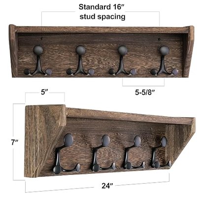 SKOLOO Wall Shelf with Hooks, 24-Inch, Weathered Brown | Coat Rack Wall Mount with Shelf, Heavy Duty, 4 Tri Hooks, Perfect for Entryway, Hallway, Living Room, Bedroom, Mudroom