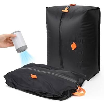 Fantictas Vacuum Bags for Travel, 2x24L Compression Bags with Wireless Pump | Waterproof Vacuum Storage Bags for Carry-On Luggage and Backpacks, Tear Resistant Reusable Space Saving Packing for Clothes