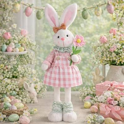 Adjustable Easter Bunny Gnome with Flower 16.1" to 21.7" Extendable Plush Rabbit Decor, Spring Gnomes Standing Bunny Tabletop Decoration, Cute Easter Gift for Home, Shelf & Holiday Display