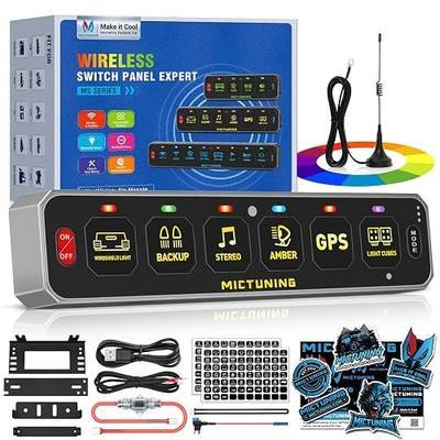 MICTUNING MS-W 6 Gang Slim Wireless Switch Panel, 208FT Range Multi-Panel Control, Toggle Momentary Strobe Pulsed Flash, RGB Dimmable Backlit Circuit Relay System Box, No Drilling for Car RV UTV