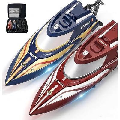 BEZGAR RC Boat - 2 Packs 12 inch Fast Speed Remote Control Boat with Suitcase for Pool/Lake/Ocean/Saltwater Use, Auto-Flip & 8-Shape Demo Summer Toy for Kids 8+ & Adults - Red&Blue TX2P2