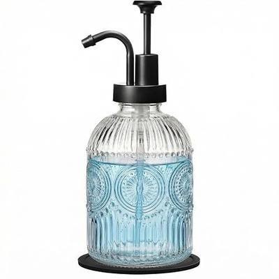 SheeChung 12Oz Vintage Glass Bathroom Soap Dispenser, Kitchen Dish Soap Dispenser with Pump, Refillable Liquid Hand Soap Bottle, Lotion, Antique Rustic Farmhouse Decor (Clear-Black Pump, 1 Pack)