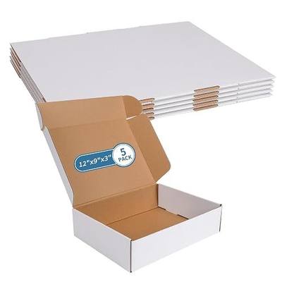 Fishat 12" x 9" x 3" White Corrugated Cardboard Shipping Boxes Set of 5 | LIghtweight and Sturdy Mailing Box for Business, Packing, Packaging, Recycled Literature Mailer and Storage, Tuck Top Design