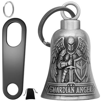St. Michael Motorcycle Bell Guardian Angel Gremlin Biker Bells for Luck with Motorcycle Bell Hanger, 2 Key Chain Ring Accessories, Velvet Pouch