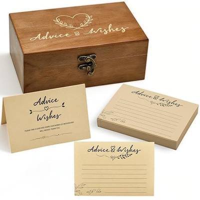 Wooden Advice & Wishes Memory Box with 50 Pcs Kraft Tan Cards for Wedding - Bridal Shower Guest Book Alternative- Versatile Keepsake for Newlyweds, Baby Shower, Graduation & Birthday Party (Set)