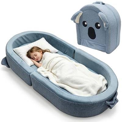 Fistone Foldable Toddler Travel Bed, Portable Soft Foam Floor Bed for Kids, with Washable Cover for Home & Trips (Grey-Blue)