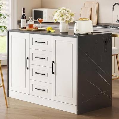 ONBRILL 47.3" Kitchen Island with 2 Storage Cabinets & 4 Drawers, Modern Imitation Marble Dining Table with Power Outlet, Island Bar Table for Kitchen, Dining Room, Living Room, Black