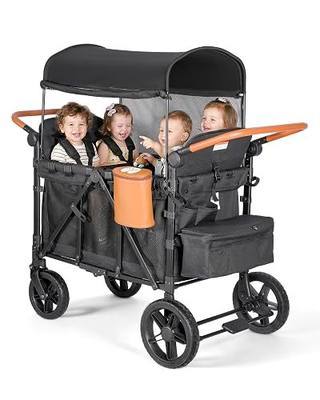 Foldable 4-Seater Wagon Stroller for Kids, All-Terrain Wagon with Snack Tray, High Seats, 5-Point Harness, Adjustable Handle, Canopy, Parent Organizer & Insulated Snack Pack (Black)