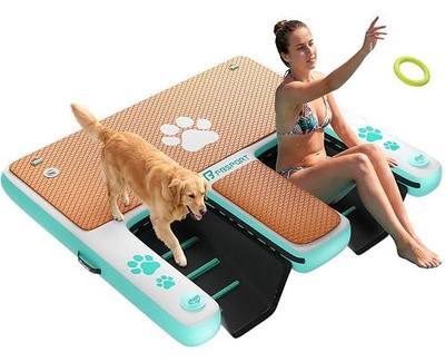 FBSPORT Inflatable Dog Boat Ramp with Double Water Ladders, 62"x59" Non-Slip EVA Covered Floating Ladder Dog Water Ramp for Pets and Adults - 400 lbs Capacity
