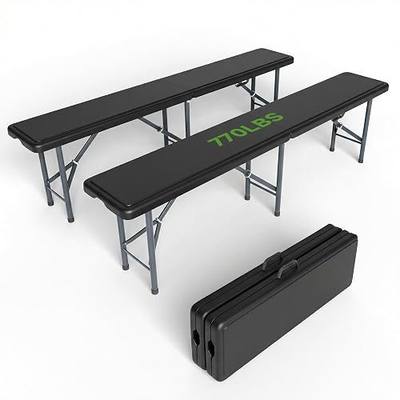 6FT Folding Bench - Heavy Duty 770lbs Capacity, Safety Locking Button & Wider Carrying Handle, Foldable Portable Bench for Outdoor, Picnic, Storage, Camping - Black, 2 Pack