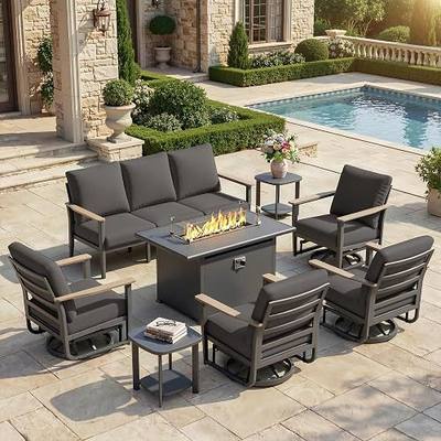 Aluminum Outdoor Patio Furniture Set with 5.1-Inch Cushions | 8-Piece: 3-Seat Sofa, 4 Swivel Rocking Chairs, 2 Side Tables & 55,000 BTU Fire Pit Table, Black