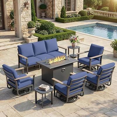 Aluminum Outdoor Patio Furniture Set with 5.1-Inch Cushions | 8-Piece: 3-Seat Sofa, 4 Swivel Rocking Chairs, 2 Side Tables & 55,000 BTU Fire Pit Table, Navy Blue