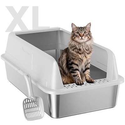 Stainless Steel XL Cat Litter Box for Cats, High-Sided Design Prevents Urine Leakage, Non-Stick, Easy to Clean, Includes Scoop, Gray