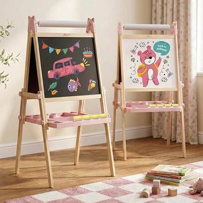 Joyooss Easel for Kids Easel for Toddler Art Easels with Paper roll Pink | Wooden Drawing Easels Double-Sided Magnetic Whiteboard Chalkboard with Paper Roll Ages 4-8 8-12