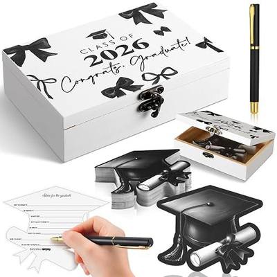 Resurhang 60 Pcs Bow Graduation Wooden Card Box and Black and Gold Advice and Wishes Cards with Pen Class of 2026 Gifts for The Graduation Party Favors Going Away Party Decorations Supplies