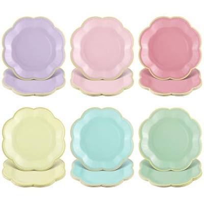 60 Pcs Pastel Paper Plates, 7 Inch Scalloped Dessert Plates With Gold Rim | Scalloped Party Plate Disposable Dessert Plate for Wedding Birthday Baby Shower Bridal Party Supplies
