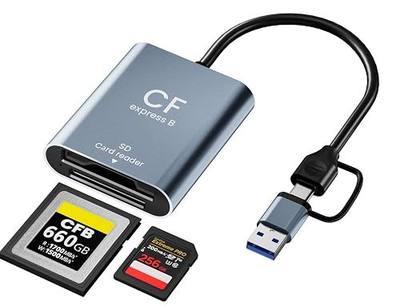 CFexpress Type B Card Reader & SD Card Reader 2 in 1 - USB 3.2 Gen 2 10Gbps Fast Transfer Aluminum Alloy USB C & USB A Memory Card Adapter for CFexpress Type B, UHS-II/UHS-I and SDXC/SDHC Cards