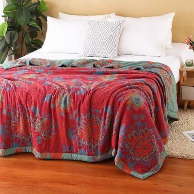 100% Cotton Red Floral Jacquard Quilt, Soft Lightweight Bed Blanket, 3 Layers Reversible Bedspread Coverlet Breathable, Boho Rustic Bedding for Couch Sofa Bed All Seasons King(87"x95")