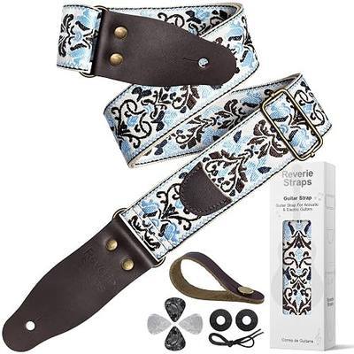 64 Inch Guitar Strap, Vintage Light Blue Floral Jacquard Woven Adjustable Strap with Genuine Cowhide Leather Ends, Includes Strap Locks and Picks for Acoustic Electric Bass (Light Blue Embroidery)