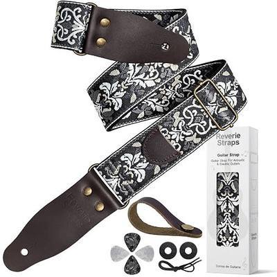 Guitar Strap, Vintage Embroidered Cotton Guitar Straps with Head Cowhide Leather Ends for Bass (Black white and gray jacquard)