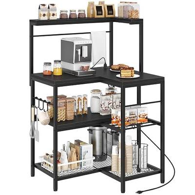 HOOBRO L-Shaped Bakers Rack with Power Outlet, 4-Tier Corner Microwave Stand with Storage, Coffee Bar Station with 8 Hooks, Kitchen Shelf Rack, 2 Installation Methods, Black BB20UHB01
