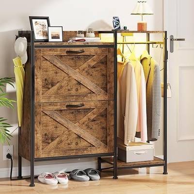 HIGDBFE Shoe Cabinet with 2 Flip Drawers and Coat Rack, 41.3" W | Charging Station&LED Lights, 4 Side Hooks, Adjustable Shelves, Hidden Shoe Storage Cabinet, for Entryway, Hallway