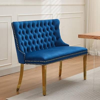 mikibama Luxury Settee Dining Bench with Back,Velvet Upholstered Banquette Benches with Nailhead Trim,Button Tufted Small Loveseat Sofa Couch Booth Seating for Small Spaces(Blue Gold)