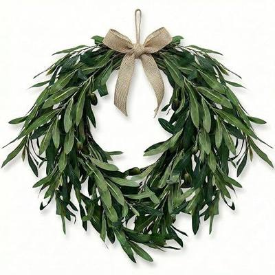 16" Heart Shaped Artificial Olive Leaf & Fruit Wreath - Realistic Green Olive Branches with Spring Floral Accents, Farmhouse Wall Door Wedding Arch Window Hanging for Indoor Outdoor