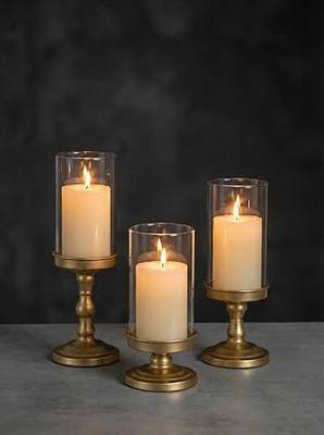NUPTIO Hurricane Glass Candle Holders: Matte Gold, Set of 3 | Iron Pillar Candle Stand with Thickend Cover - Metal Candleholder for Fall Thanksgiving Christmas Fireplace Table Centerpiece