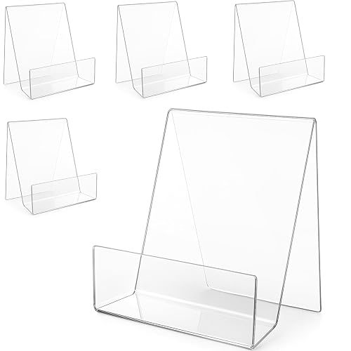 Large Acrylic Book Stand for Display - 5 Pack, 8x8x4 Inch Heavy Duty Clear Easel Holder for Textbooks, Cookbooks & Art - Sturdy Tabletop Stand for Retail, Library & Office