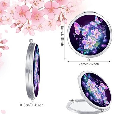 Compact Mirror for Women,Round Mini Pocket Travel Makeup Mirror,Pretty Portable Folding Small Pocket Mirror for Handbag,Purse,Double Sided Handheld Pocket Mirror(Silver Violet Butterfly)