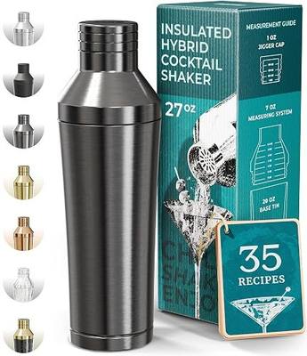 BARE BARREL Insulated Cocktail Shaker Set | Double Wall Stainless Steel | Martini Shaker for Home Bar Bartending | Built-in Drink Measure System & Strainer, Travel Bag, Recipes | Gift Set (Slate Gray)