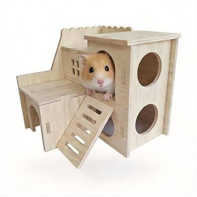 Multi-Chamber Wooden Hamster Hideout, House and Cage Accessory, Model 1 | Natural wood retreat for dwarf hamsters, gerbils and mice, with multiple chambers, openings and ventilation holes.