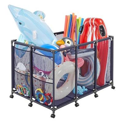 VEVOR Pool Storage Bin, 48.8 x 32.7 x 32.7 in, Rolling Pool Float Storage Organizer with Side Pockets & Casters, Heavy Duty Metal Frame, Poolside Toys Noodles Holder Mesh Basket for Swimming Pools