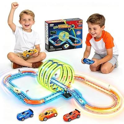 Glow Toy Car Race Track Set, 71 Pcs Glow-in-The-Dark Tracks for Kids Ages 3-8, Electric Speed Car Light-Up Whole Slot Track, Track-Building with 360° Magic 3 Loops, 1:64 Scale Vehicle, Boys Girls Gift