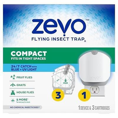 Zevo Compact Flying Insect Trap Kit with Refill Cartridges - Plug-in Indoor Bug Catcher for Gnats, House & Fruit Flies - Blue + UV Light Technology, No Odor, No Mess (1 Plug-in Device + 3 Cartridges)