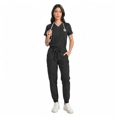 Women’s Scrub Set with 8 Pockets, Stretch V-Neck Scrub Top and Jogger Pants, Breathable Medical Uniforms