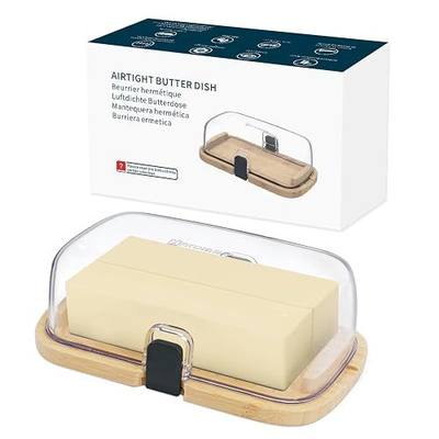 KITCHENDAO Bamboo Large One-handed Butter Dish with Lid for Countertop, Airtight Butter Holder with One Press to Open/Close Latching Buckle for East Coast/West Coast/European/Kerrygold Butter
