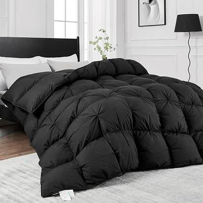 KAKABELL Pinch Pleat Goose Down Feather Comforter, Queen Size, All Season, Black, 90"x90", 100% Cotton Cover