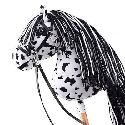 Large Hobby Horse, Realistic Head, Long Flowing Mane, Removable Leather Reins, Solid Wooden Stick for Equestrian Training & Competition, Screen-Free Fun for Active Kids(Black and White)