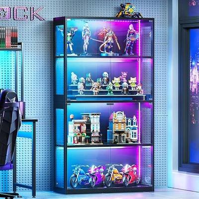 AODK Display Cabinet with RGB Lights, 4-Tier Display Case with Glass Doors | Glass Display Shelf for Collectibles and Storage, Black Curio Cabinet for Gaming Room, Living Room