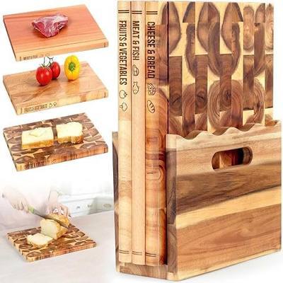 Book Cutting Board Set of 3 with Stand-The Cutting Board Library, Solid Wood Book-Shaped Boards for Serving & Display, Labeled Meat & Fish, Bread & Cheese, Fruits&Vegetables-Decorative Cutting Boards.