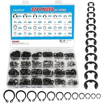 324Pcs C Clips & E Clips Assortment Kit, 24 Sizes C Clip 5mm–16mm & E Clip 2mm–12mm, Black Carbon Steel External Snap Rings Retaining Rings for Shafts, Bearings, Machinery & Automotive Repair