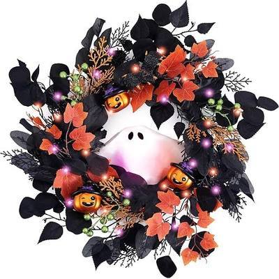 DecorbyHannah 18'' Halloween Wreath for Front Door with Lights Ghost Decor | Pre-Lit Voice Control Ghost Pumpkins Spooky Door Wreath with Timer Lighted Decorations for Home Porch Wall Indoor Party Table