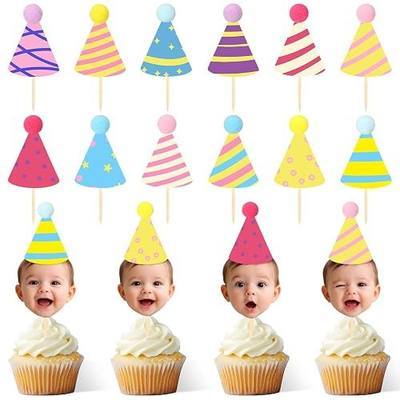DIY Baby Face Photo Cake Topper Kit 36 Pcs Flat Birthday Hats with Pom Poms & Wooden Stick for First Birthday Personalized Cake Decoration Baby's Cupcake Topper(Rainbow Color,Stylish Style)
