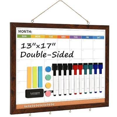 Dry Erase Calendar for Wall, 17" x 13" Monthly Calendar Whiteboard Cork Board Combo, Wooden Frame Double-Sided Wall Calendar, Small Hanging Whiteboard for Kitchen Home Office School Dorm Brown