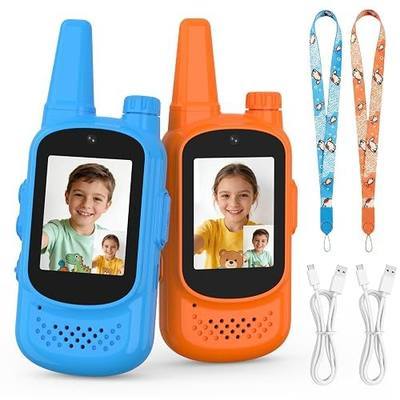 Walkie Talkies for Kids Rechargeable - 2 Pack Video Walky Talky | Toddler Toys with HD Camera & Voice Changer, Long Range Gift Toys for Boy Girl Age 3-8 for Outdoor Play Camping (Orange Blue)